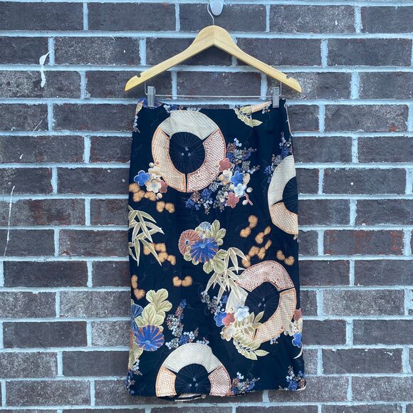 Vintage Clio Skirt Sz 10 Black Floral Umbrella Print Midi Asian Inspired Boho - Picture 7 of 14